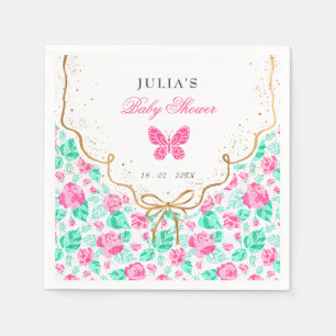 Lieve Roze Roos Bloem Gouden Strik Babyshower Servet