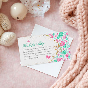 Lieve Roze Roos Bloemenen Gouden Strik Baby Borrel Informatiekaartje