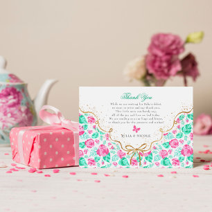 Lieve Roze Roos Bloemenen Gouden Strik Babyshower Bedankkaart