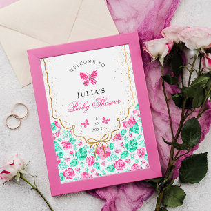 Lieve Roze Roos Bloemenen Gouden Strik Babyshower Poster