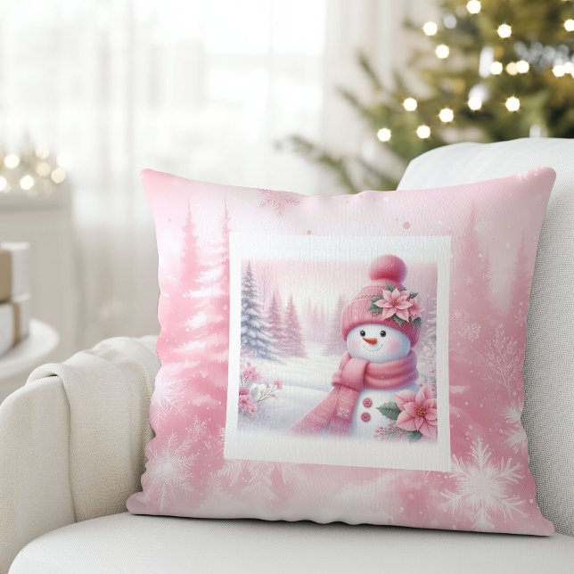 Lieve Roze Sneeuwman Kerst Scene Kinderkamer  Kussen (Lovely Pink Snowman Christmas Scene Kids Room Pillow

)