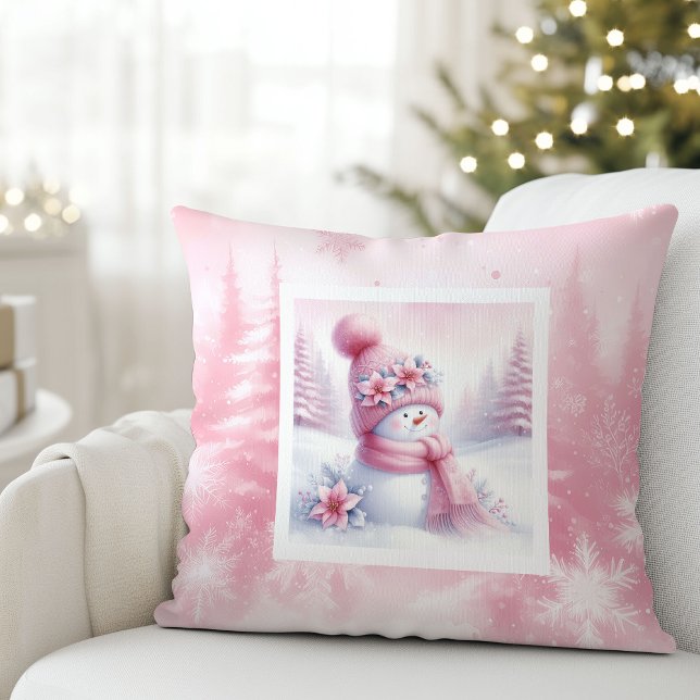 Lieve Roze Sneeuwman Kussen Zachte Winter Scene (Lovely Pink Snowman Pillow Soft Winter Scene)