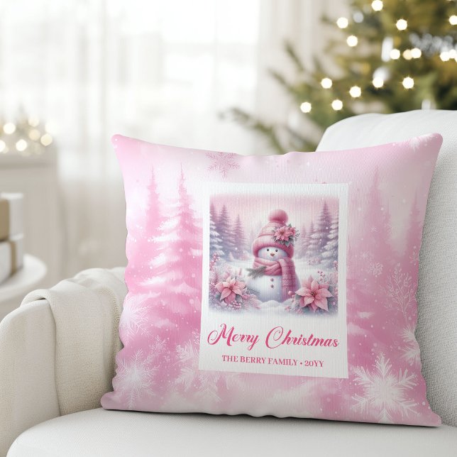 Lieve Roze Sneeuwman Sneeuwige Kerst Kussen Decora (Darling Pink Snowman Snowy Christmas Pillow Decor)