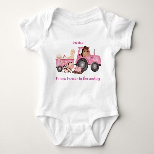 Lieve roze tractor & aanhangwagen met boerderijdie romper (Voorkant)