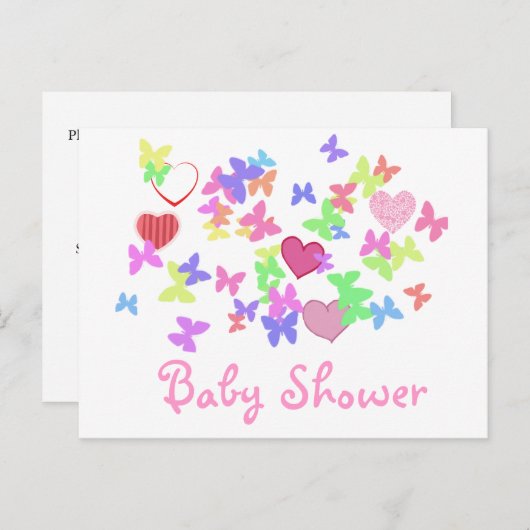 lieve roze vlinders en hartjes baby shower uitnodiging briefkaart (Voorkant / Achterkant)