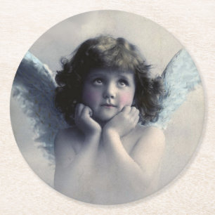 Lieve Roze Wangen Vintage Engel in de Wolken Ronde Kartonnen Onderzetter