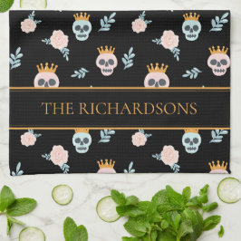Lieve Roze Zwarte Botanische Schedel Patroon Hallo Theedoek