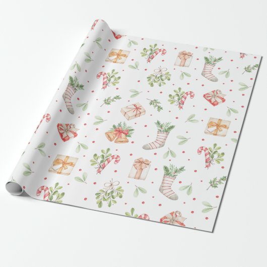 Lieve Rustieke Waterverf Kerstpatroon Cadeaupapier (Uitgerold)