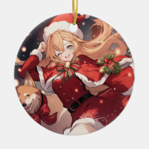 Lieve Santa Anime Meisje en Kerstmis Shiba Hond Keramisch Ornament
