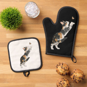 Lieve Schilderkat & Vlinder Waterverfschildering Ovenwant & Pannenlap Set