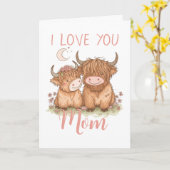 Lieve Schotse Koe en Mama Ik Hou van Jou Moederdag Kaart (Gele Bloem)