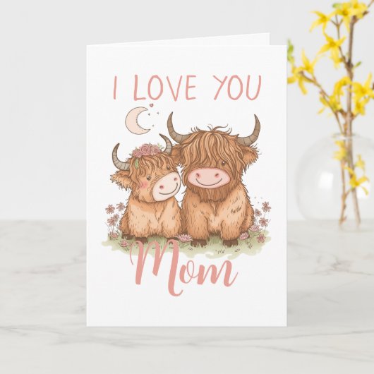Lieve Schotse Koe en Mama Ik Hou van Jou Moederdag Kaart (Gele Bloem)