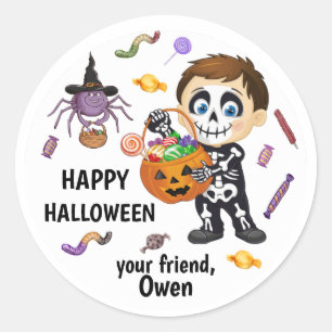 Lieve skeletjongen heks spin Halloween-stickers Ronde Sticker