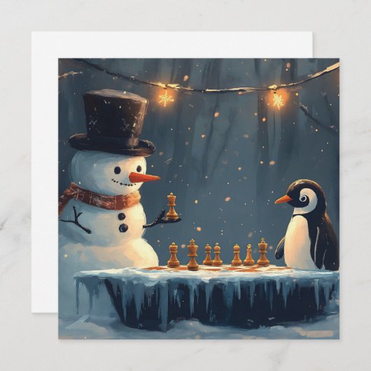 Lieve Sneeuwman en Pinguïn die Schaken Spelen Feestdagenkaart (Voorkant / Achterkant)