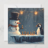 Lieve Sneeuwman en Pinguïn die Schaken Spelen Feestdagenkaart (Voorkant)