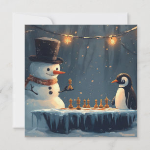 Lieve Sneeuwman en Pinguïn die Schaken Spelen Feestdagenkaart