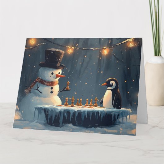 Lieve Sneeuwman en Pinguïn die Schaken Spelen Kaart (Voorkant)
