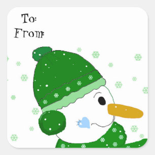 Lieve Sneeuwman in een Groene Hoed en Sjaal Vierkante Sticker