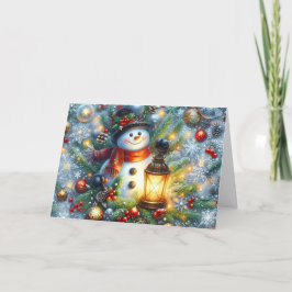 Lieve sneeuwman met lantaarn Kerstvakantiekaart Feestdagen Kaart