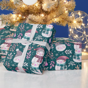 Lieve Sneeuwmannen Groen Sneeuwvlokken Groene Kers Cadeaupapier