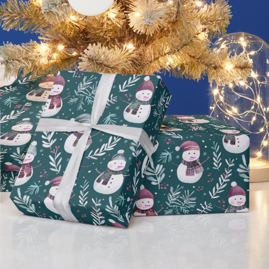 Lieve Sneeuwmannen Groene Kerstmis Cadeaupapier (Feestdagen)