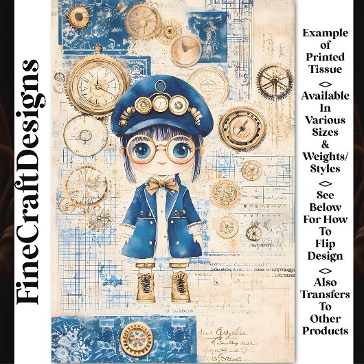 Lieve Steampunk Aquarel Pop, Blauwe BH8 Decoupage Tissuepapier