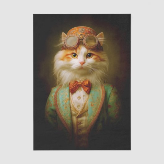 Lieve Steampunk Kat in Turquoise Jas ER8 Decoupage Tissuepapier (Voorkant)