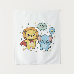 Lieve Superheld Leeuw en Olifant Vrienden Cartoon Wandkleed