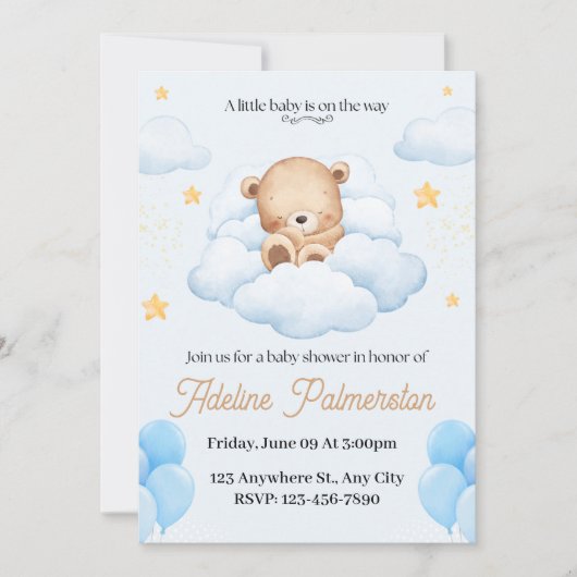 Lieve teddybeer babyshower uitnodiging  (Voorkant)