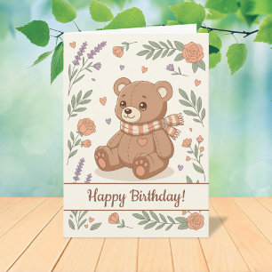 Lieve Teddybeer Bloemige Verjaardag Kinderen Kaart