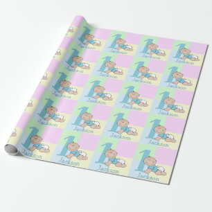 Lieve Tekenfilm Baby Jongen 1e Verjaardag Cadeaupapier