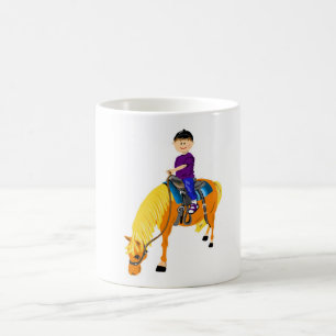 Lieve tekenfilmjongen die op een paard rijdt pony koffiemok