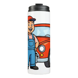 Lieve Tekening van een Cartoonmonteur met een Rode Thermosbeker