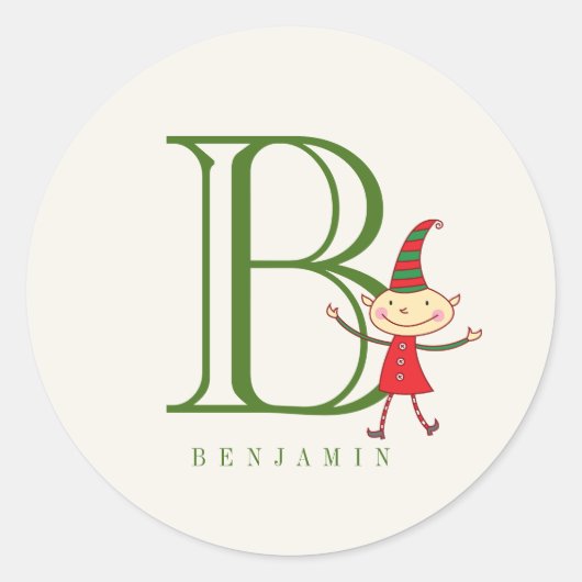 Lieve Toverachtige Kerstelf en Monogram Vakantie Ronde Sticker (Voorkant)