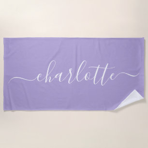 Lieve trendy script naam gepersonaliseerde lavende strandlaken
