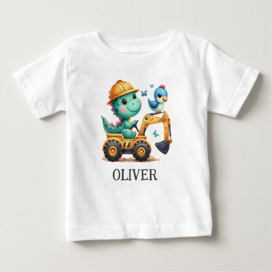 Lieve Trex-dinosaurus rijdt in een bouwmachine (Voorkant)