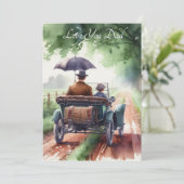 Lieve vader en zoon rijden in een klassieke auto i feestdagenkaart (Staand voorkant)