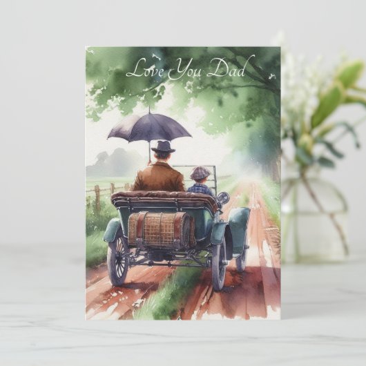 Lieve vader en zoon rijden in een klassieke auto i feestdagenkaart (Staand voorkant)
