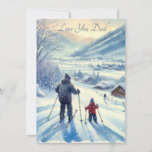 Lieve vader en zoon skiën samen aquarel
