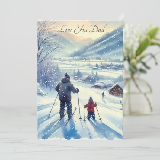 Lieve vader en zoon skiën samen in waterverf feestdagenkaart (Staand voorkant)