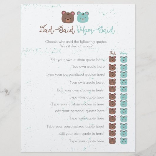 lieve vader zei dat mama zei dat baby shower spel (Voorkant)