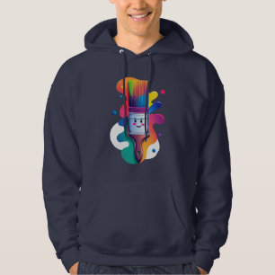 Lieve verfkwast karakter met kleurrijke verfspatte hoodie