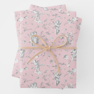Lieve Vintage Cherubijn Cupido Engelen Roze Bloemm Inpakpapier Vel