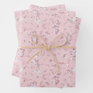 Lieve Vintage Cherubijn Cupido Engelen Roze Bloemm Inpakpapier Vel