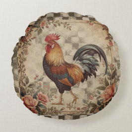 Lieve Vintage Haan, Bloemenpatroon, Geruit Rond Kussen
