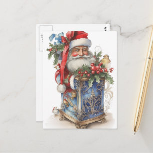 Lieve Vintage Kerstman en Blauwe Doos Briefkaart