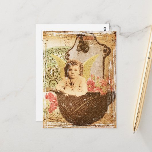 Lieve Vintage Tuinfee Collage Briefkaart (Voorkant / Achterkant in situ)