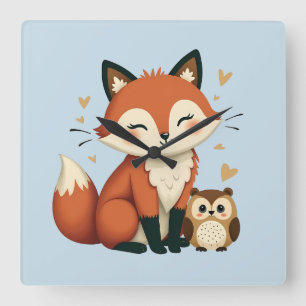 Lieve Vos en Uil Whimsy Illustratie van het Bos Vierkante Klok