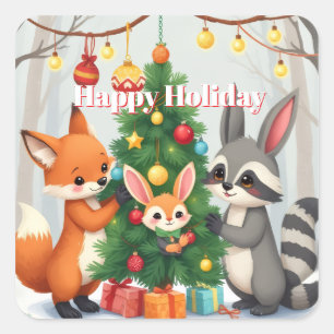 Lieve Vos, Wasbeer & Konijn Kerst Erfstuk Vierkante Sticker