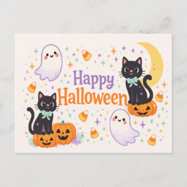 Lieve Vriendelijke Katten Geesten Pompoenen Hallow Feestdagenkaart